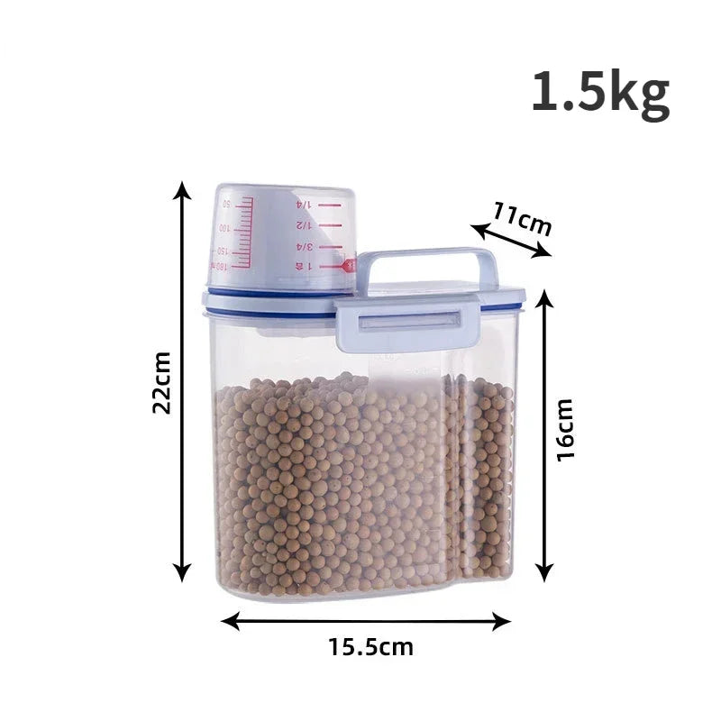 Tanque de almacenamiento de plástico para alimentos para mascotas de 1,5 kg/2 kg con recipiente medidor